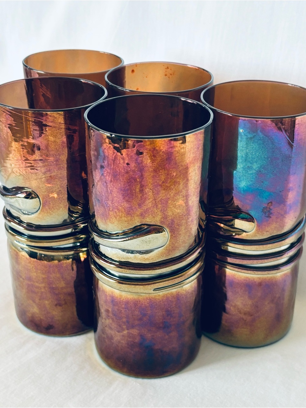 5 Vintage Esteban Prieto California Studio Art Glass Iridescent Tumblers Vase
